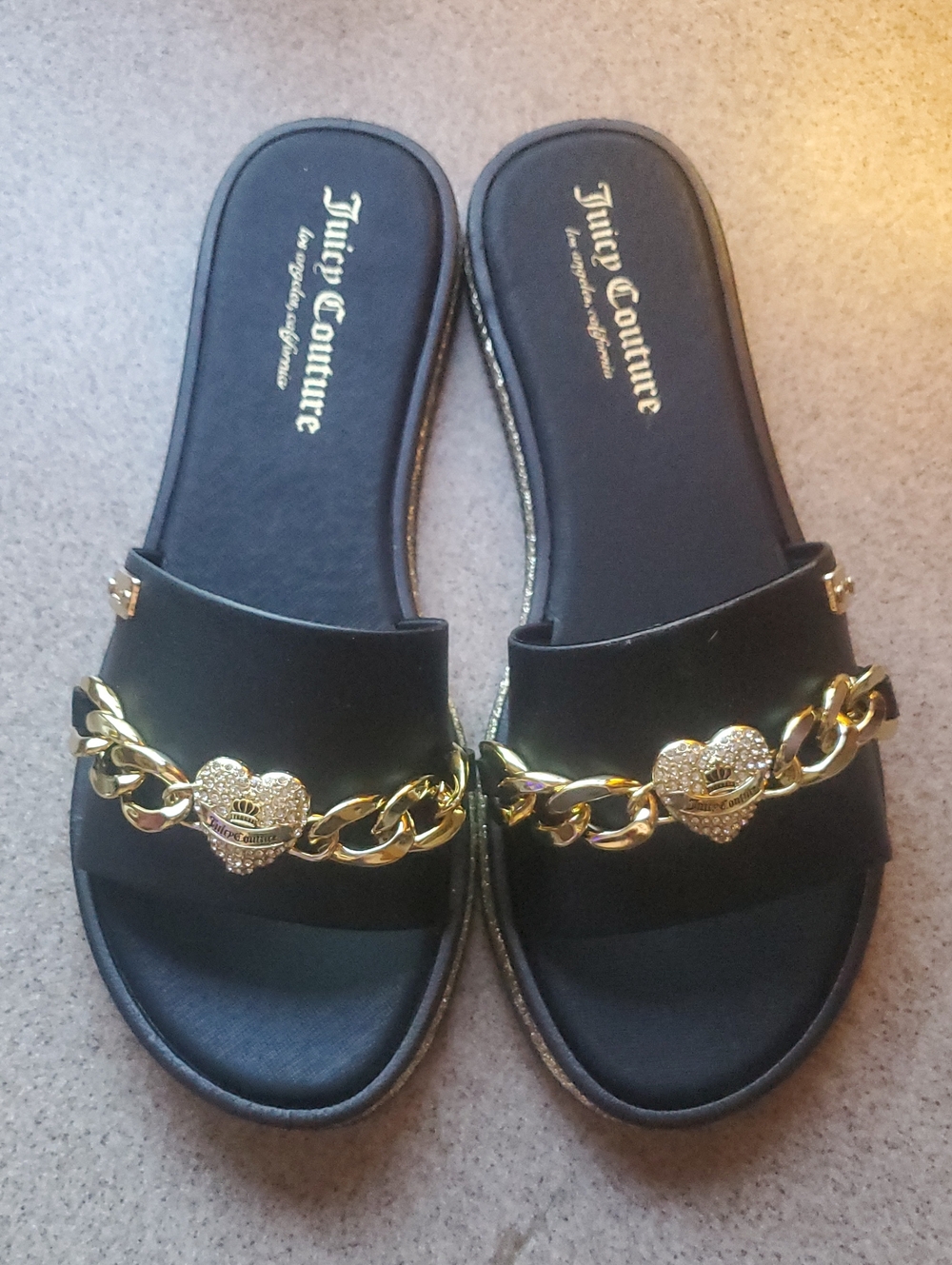 Juicy Couture Black Slide Sandals with Gold Heart Chain Detail